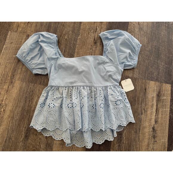 Alter'd State Cowgirl Core Light Blue Eyelet Puff Sleeve Top - Picture 1 of 5